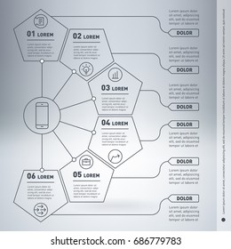 Web Template of a infographic, chart, diagram or presentation made from lines.  Business presentation or mindmap concept with six options. Vector infographics of technology or education process