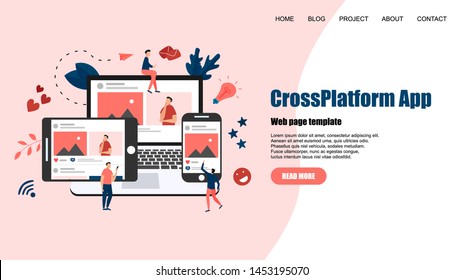 Web Template. Laptop computer, tablet and mobile phone with social media account.