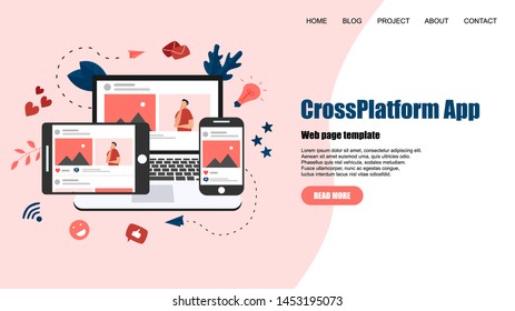 Web Template. Laptop computer, tablet and mobile phone with social media account.