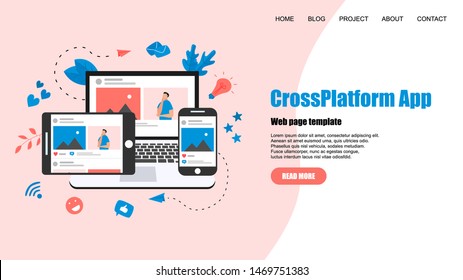 Web Template. Laptop computer, tablet and mobile phone with social media account.