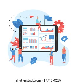 Web template. Mans studying financial statistics on screen monitor. Financial reports, charts graphs on screens of desktop. Business concept