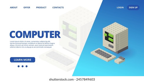 Web template with a old computer. Vector illustration