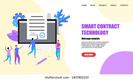Web template. Online electronic smart contract document, paper document, signature on computer screen. vector illustration. Business concept
