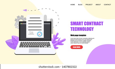 Web template. Online electronic smart contract document, paper document, signature on computer screen. vector illustration. Business concept
