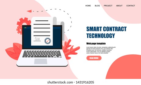 Web template. Online electronic smart contract document, paper document, signature on computer screen. vector illustration. Business concept	