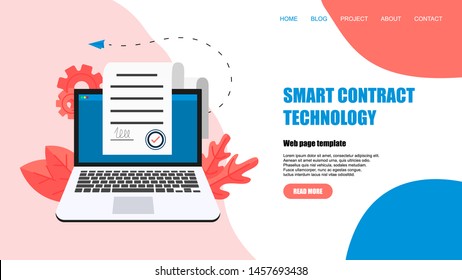 Web template. Online electronic smart contract document, paper document, signature on computer screen. vector illustration. Business concept	