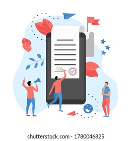 Web template. Online electronic smart contract document, paper document, signature on computer screen. vector illustration. Business concept
