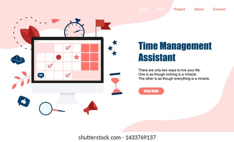 Web Template. Online time management assistant with marks, tasks and notes . Concept of time management. with business icons	