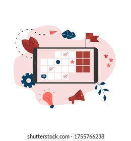 Plantilla Web. Asistente de gestión de tiempo en línea con marcas, tareas y notas. Concepto de gestión del tiempo. con iconos de negocio	

