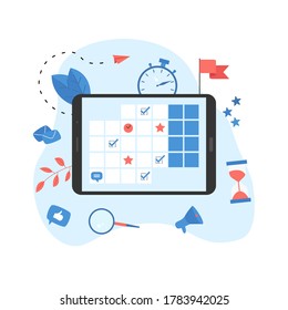 Web Template. Online time management assistant with marks, tasks and notes . Concept of time management. with business icons