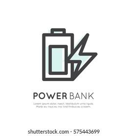 Web Template Power Bank Battery Phone Charger Battery, Minimalistic Vector Flat Line Outline Stroke Icon Pictogram Symbol