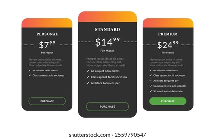 Web template for pricing plans or subscriptions. Product and price comparison table. UI kit vector.