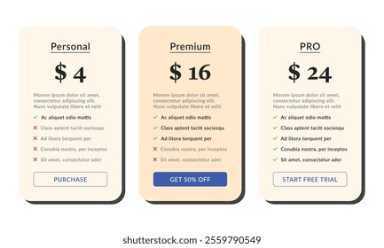 Web template for pricing plans or subscriptions. Product and price comparison table. UI kit vector.