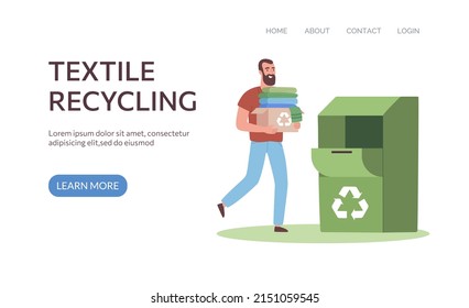 Web Template Recycling Textile.
A Male Volunteer Carries A Box Of Old Clothes To Be Recycled. Reuse Clothes, Eco Fashion, Zero Waste. Flat Vector Illustration