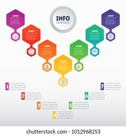 Web Template of a sales pipeline, purchase funnel, info chart, annual report or diagram. Business presentation concept with 7 options. Infographic of technology or education process with 7 steps.