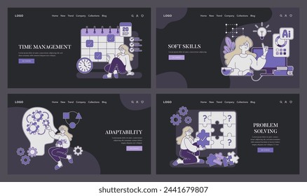 Conjunto de plantillas web centradas en habilidades blandas. Gestión del tiempo, adaptabilidad, elementos de resolución de problemas vívidamente mostrados. Ideal para plataformas de desarrollo profesional. Ilustración de vector