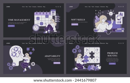 Web template set focusing on Soft Skills. Time Management, Adaptability, Problem Solving elements vividly displayed. Ideal for professional development platforms. Vector illustration