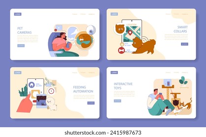 Web Template set for Pet Tech Gadgets. Showcasing innovative pet surveillance, location tracking, and automated care technology. Nurturing through tech.
