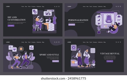 Web template set. Trendy online shopping, custom apparel design, active lifestyle presentation, and retro fashion homepage. Modern user interface designs. Vector illustration.