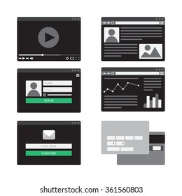 Web Template for site forms of email subscribe, login to account, watching video, online shopping, blog and infographics. Vector