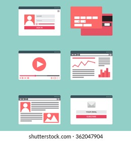 Web Template For Site Forms Of Email Subscribe, Login To Account, Watching Video, Online Shopping, Blog And Infographics. Vector