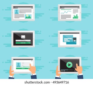 Web Template For Site Forms Of Email Subscribe, Login To Account, Watching Video, Online Shopping, Blog And Infographics On Tablet. Vector