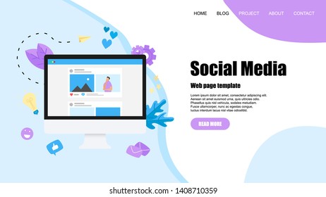 Web template with Social media concept with photo content, like and comment. Vector flat illustration