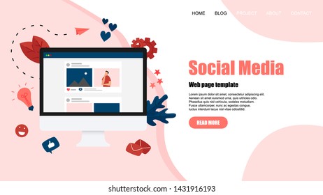 Web template with Social media concept with photo content, like and comment. Vector flat illustration	