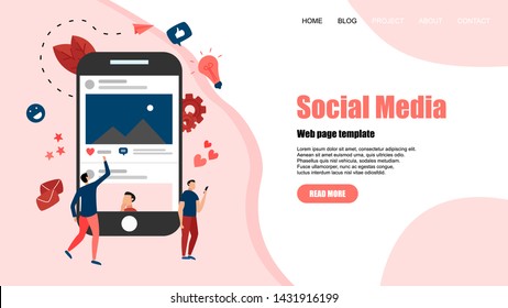 Web template with Social media concept with photo content, like and comment. Vector flat illustration	