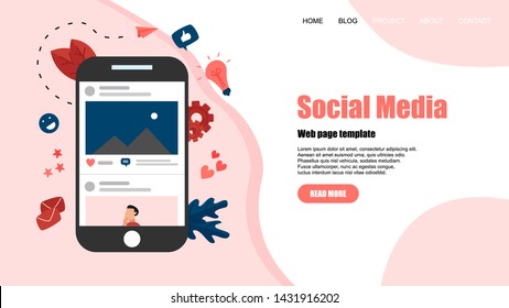 Web template with Social media concept with photo content, like and comment. Vector flat illustration	