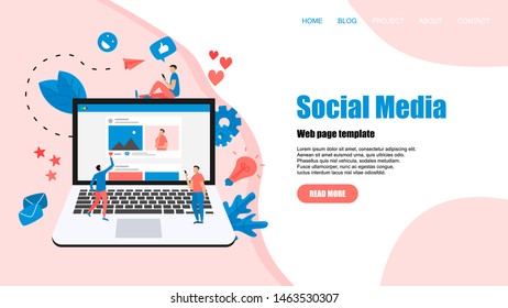 Web template with Social media concept with photo content, like and comment. Vector flat illustration	