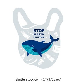 Web template Stop plastic pollution! Vector flat illustration for World Environment Day. A whale swims in in a plastic bag with garbage - plastic, glass, straw, bottle, canister. Banner Harm to nature