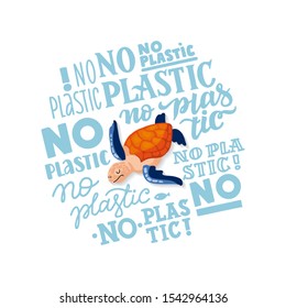 Web template Stop plastic pollution! Vector flat illustration for World Environment Day. A sea turtle swims in in a circle with lettering. Harm to nature. Banner design.