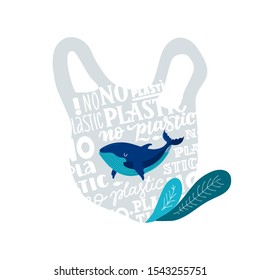 Web template Stop plastic pollution! Vector flat illustration for World Environment Day. A whale swims in in a plastic bag with lettering. Harm to nature. Banner design.