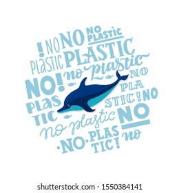 Web template Stop plastic pollution! Vector flat illustration for World Environment Day. A dolphin swims in in a circle with lettering. Harm to nature. Banner design.