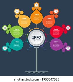 Web Template of tree, diagram with seven parts. Vector infographic of technology or education processes with 7 steps. Business presentation concept with 7 options. Dark background.
