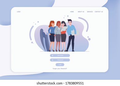 Web template ui design for log on website. Teamwork character people in company.