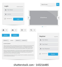 Web Template | Vector Design Eps | Silver Color With Blue | Login Register Slideshow Buttons Search Options | Abstract Elements With Icons