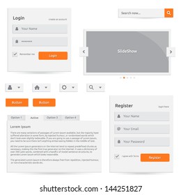 Web Template | Vector Design Eps | Silver Color With Orange | Login Register Slideshow Buttons Search Options | Abstract Elements With Icons