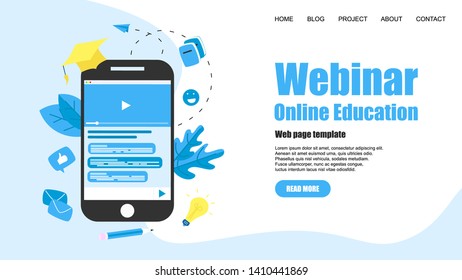 Web Template. Webinar, internet conference, web based seminar, online education, e-learning flat design concept	