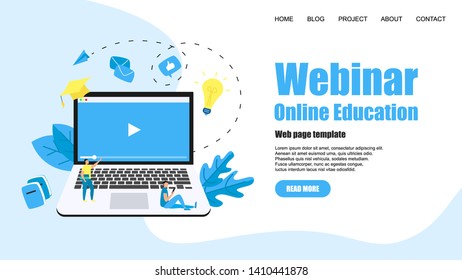 Web Template. Webinar, internet conference, web based seminar, online education, e-learning flat design concept	