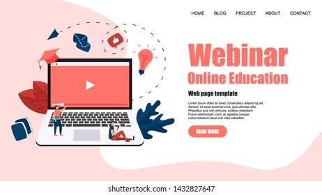Web Template. Webinar, internet conference, web based seminar, online education, e-learning flat design concept	