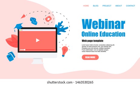 Web Template. Webinar, internet conference, web based seminar, online education, e-learning flat design concept	