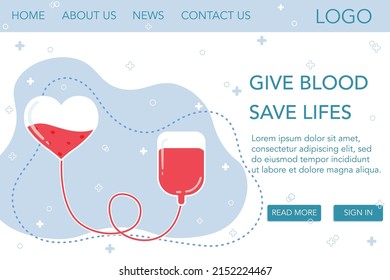 Banner de diseño de sitio web de plantilla de web Dar vida a la sangre Salvar vida. Página de inicio médica para donantes. Ilustración vectorial con estación de sangre transfusional