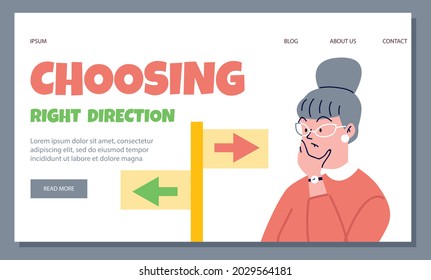 Web template for website with flat cartoon illustration of thoughtful woman who chooses right direction. Vector illustration. Suitable for landing.
