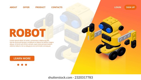 Web template with a yellow robot assembled from plastic blocks in isometric style for printing and design. Vector illustration.