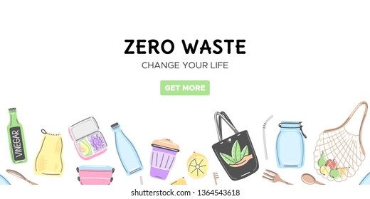 Web template with zero waste objects. Hand drawn flat style. Eco lifestyle. Save planet. Care of nature. Online store. It can be used for landing page, mailing, advertising, header. Vector, eps10