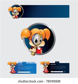 Web templates. Header and search forms with cartoon girl