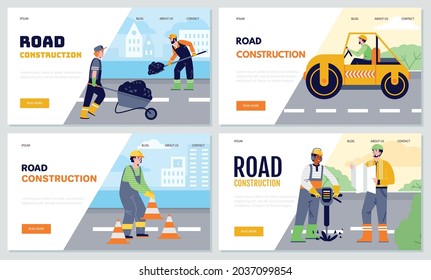 Web templates set of road construction scenes in flat style vector illustration. Road workers are repairing the city road surface and sidewalks with equipment.