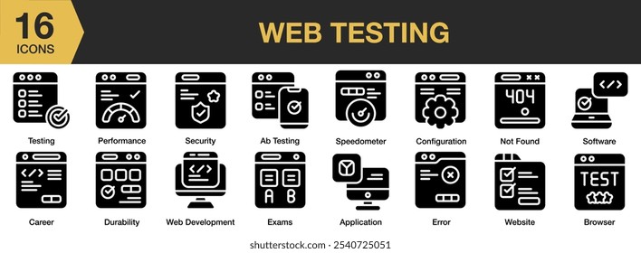 Web Testing solid icon set. Includes ab testing, application, browser, configuration, durability, and More. Solid icons vector collection.